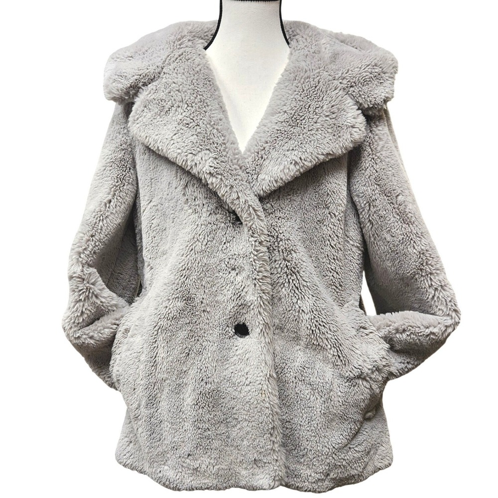 BCBG MAXAZRIA Faux Fur Jacket Womens M Grey Hooded Plush Coat Mob Wife Glam